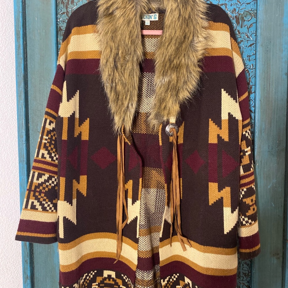 Aztec Faux-Fur Trim Cardigan Sweater - Burgundy/Tan